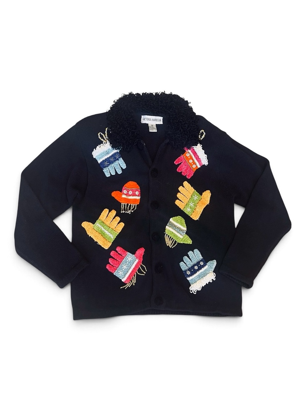 Victoria Harbour Vintage Y2K M Black Mitten Cardigan Sweater Beaded Embellished
